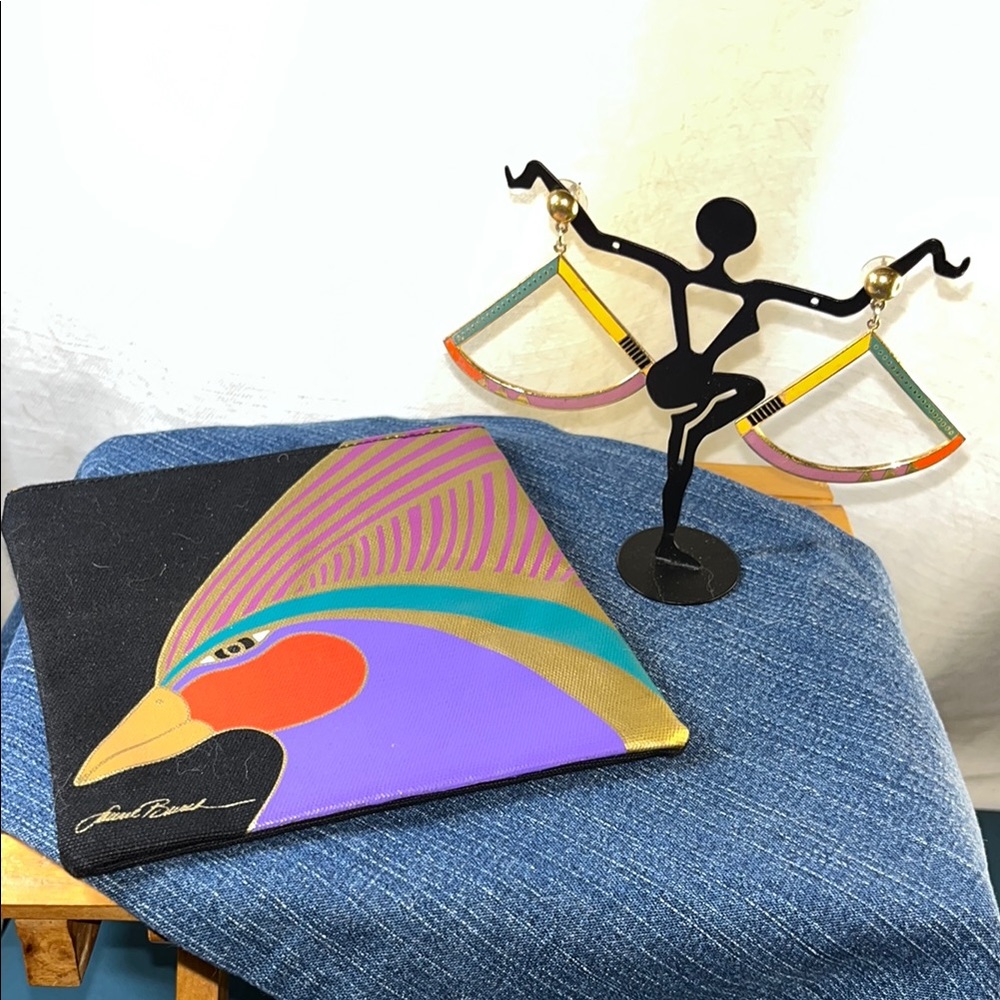Laurel Burch Set‎ Enamel “Charisma” Earrings & Signed Painted Bird Zip Pouch